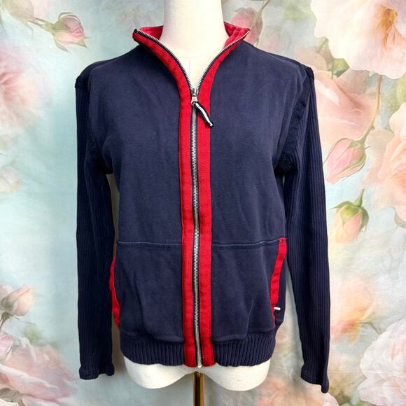 Vintage Villager Sport By Liz Claiborne Navy Blue & Red Striped Zip Up Sweater - Picture 1 of 4